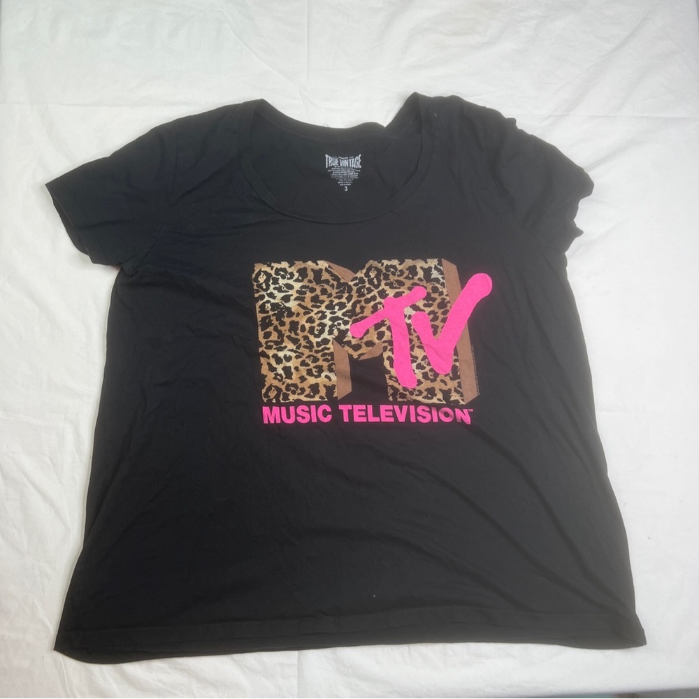MTV Music Television Leopard Print Logo True Vintage Women Sz 3 Shirt Black A03